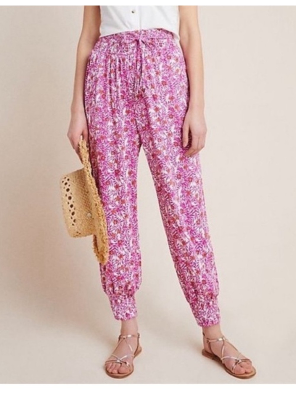 Anthropology Viscose Pink Smocked Waist Harem Pants